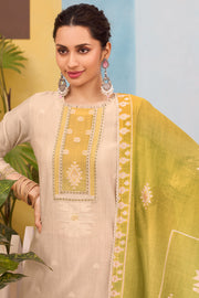 Trendy Beige Straight Cut South Cotton Salwar Suit With Lace Work